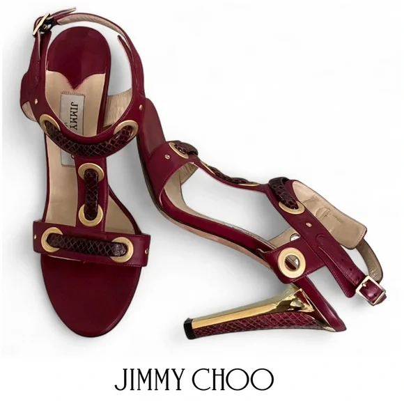 EUC JIMMY CHOO | SZ 37 1/2 | Napa Watersnake Burgundy Gold Heeled Sandals Shoes - Picture 1 of 9
